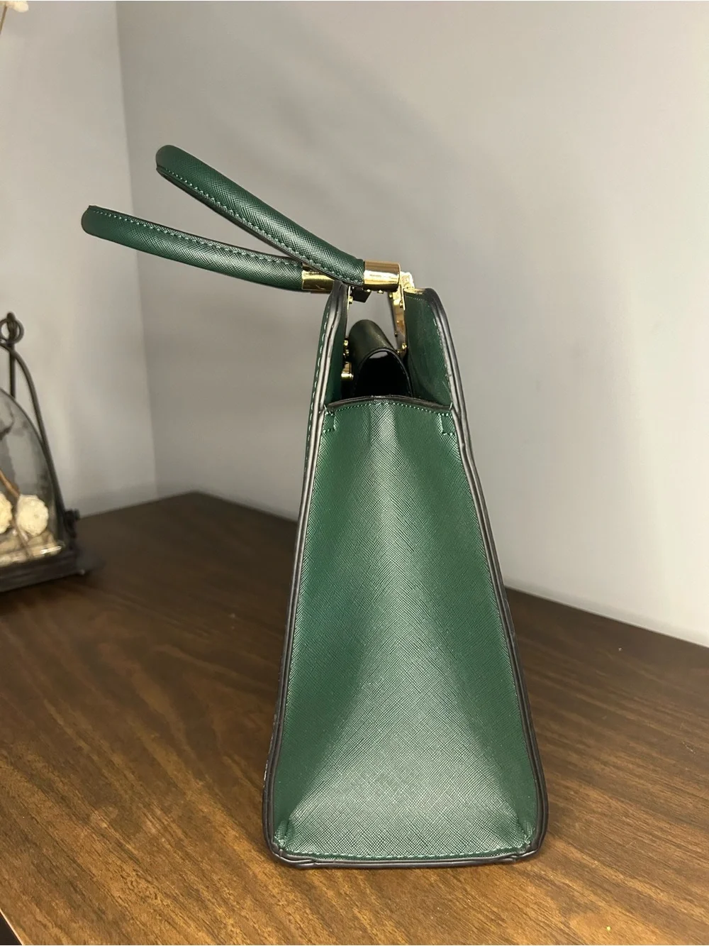 Badgley Mischka Louise NWT Dark Green Structured Top Handle Bag Gold Hardware